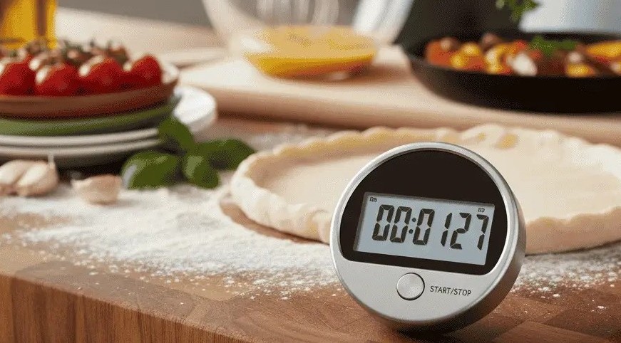 Dijital kronometre ile yemek pişiren eller directly